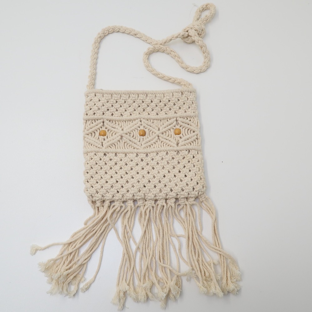 Crocheted Macrame Boho Crossbody Bag Purse Braided‎ Strap Lined Fringe